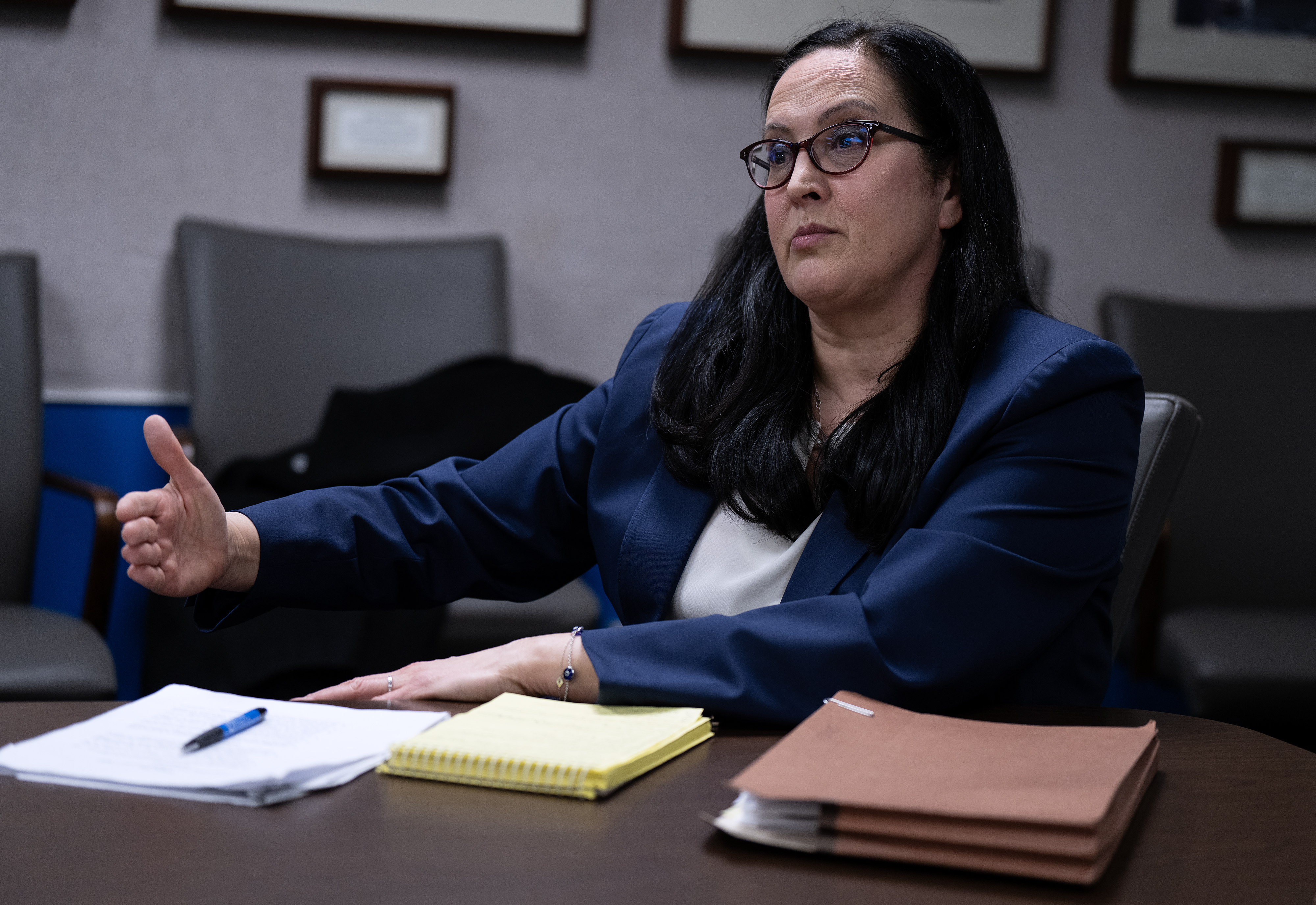 Mariyana Spyropoulos, Democratic candidates for Cook County Circuit Court Clerk, interviewed before the Chicago Tribune Editorial Board on Tuesday, Feb. 13, 2024 at Chicago Tribune Freedom Center. (E. Jason Wambsgans/Chicago Tribune)