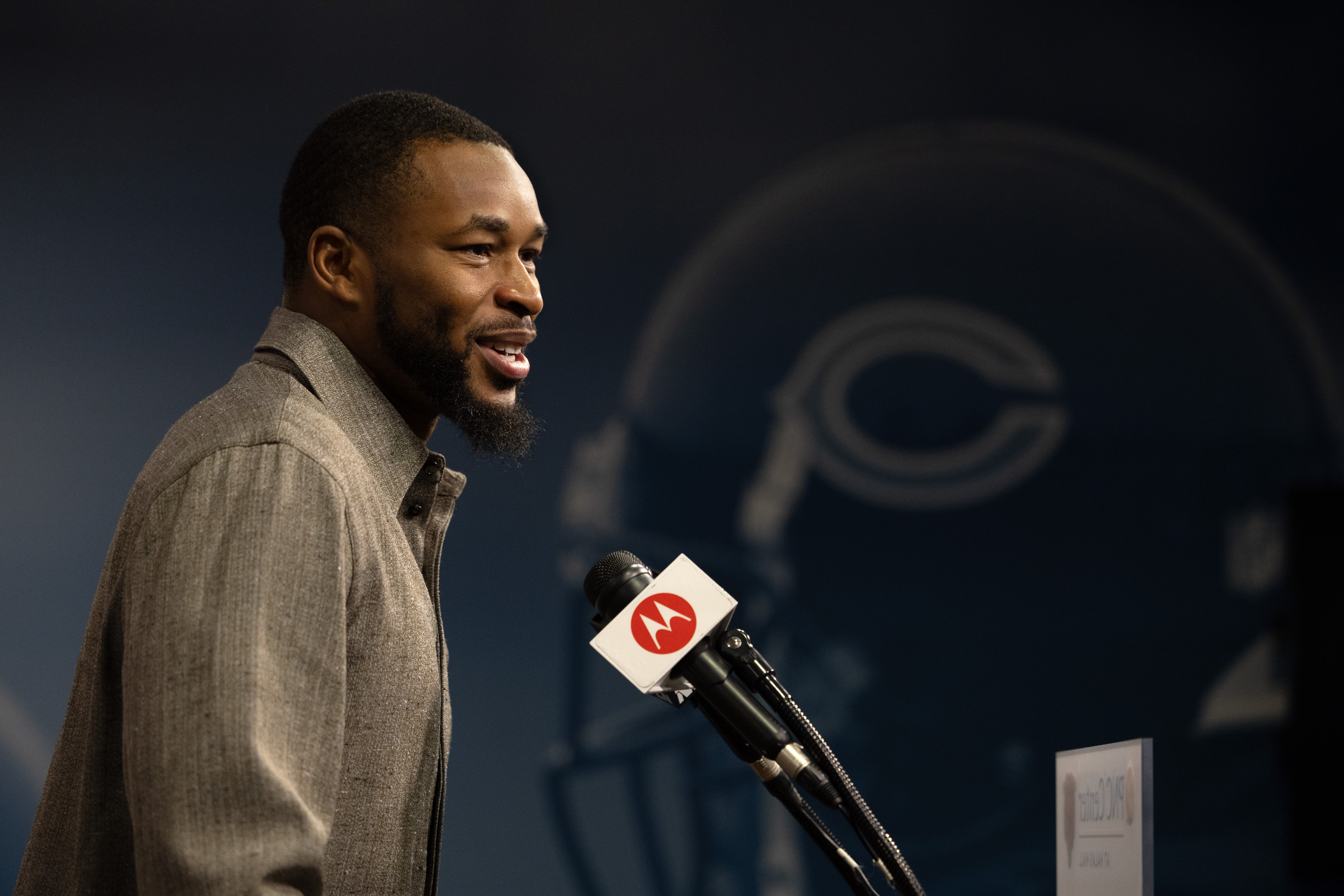 Kevin Byard speaks with the media about joining the Chicago Bears on Thursday, March 14, 2024, in Lake Forest. Byard is a safety who received a two-year deal worth $15 million. (Stacey Wescott/Chicago Tribune)