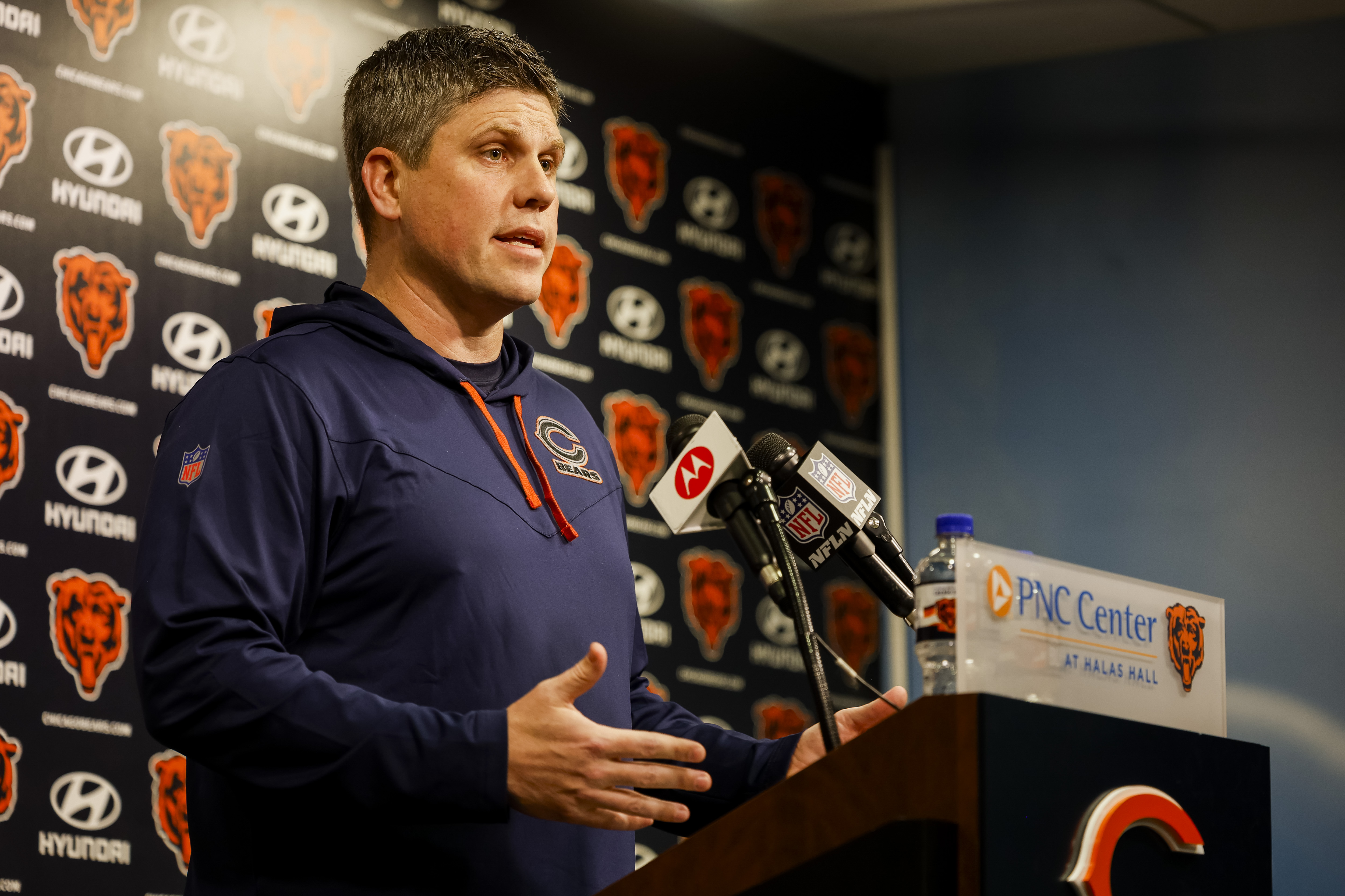 Chicago Bears Offensive Coordinator Shane Waldron speaks to members of the press on Thursday, Feb. 22, 2024, at the PNC Center at Halas Hall in Lake Forest, Ill. (Vincent Alban/Chicago Tribune)