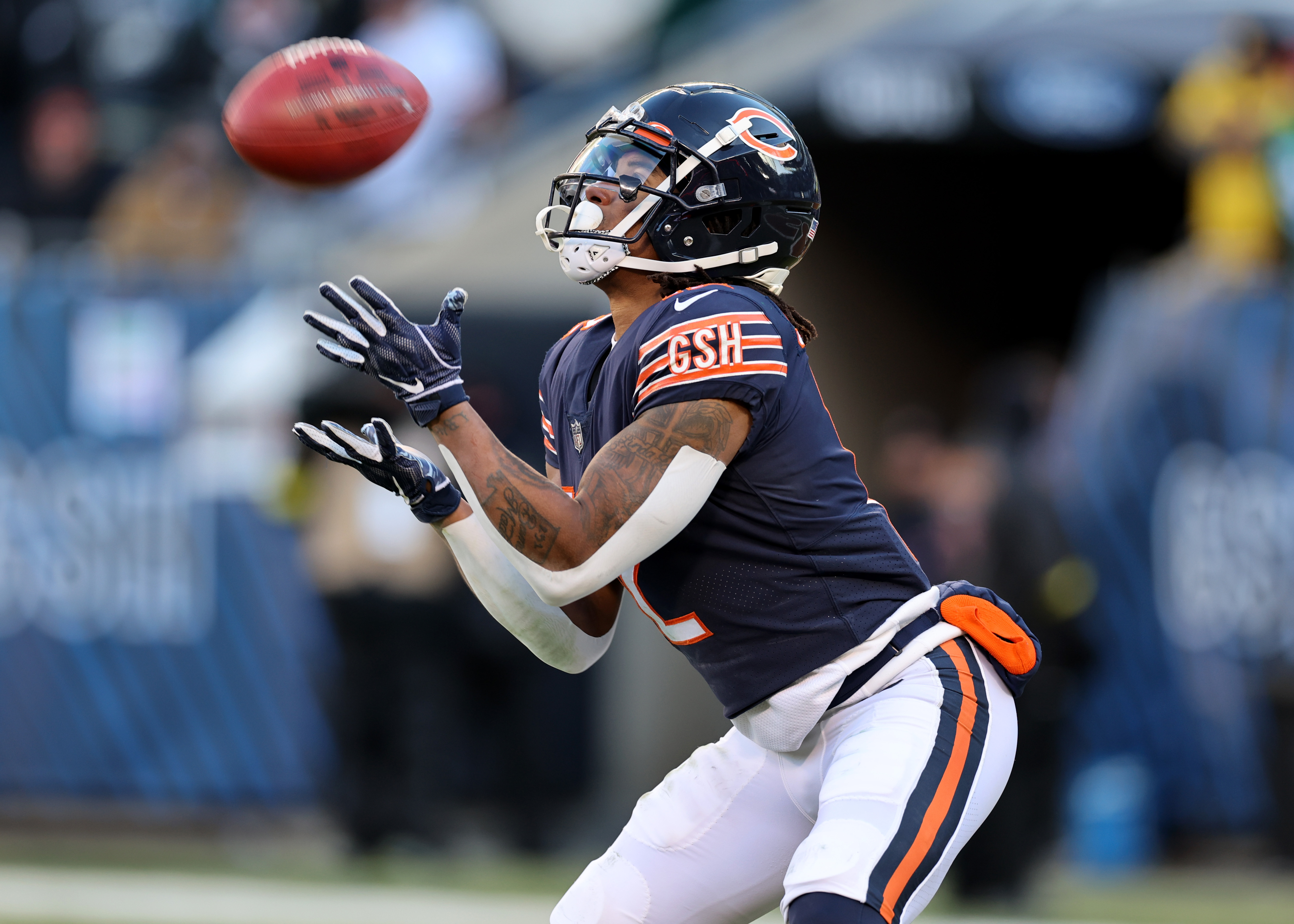 Chicago Bears wide receiver Velus Jones Jr. (12) catches a kickoff in the fourth quarter of a game against the Philadelphia Eagles at Soldier Field in Chicago on Sunday, Dec. 18, 2022. (Chris Sweda/Chicago Tribune)