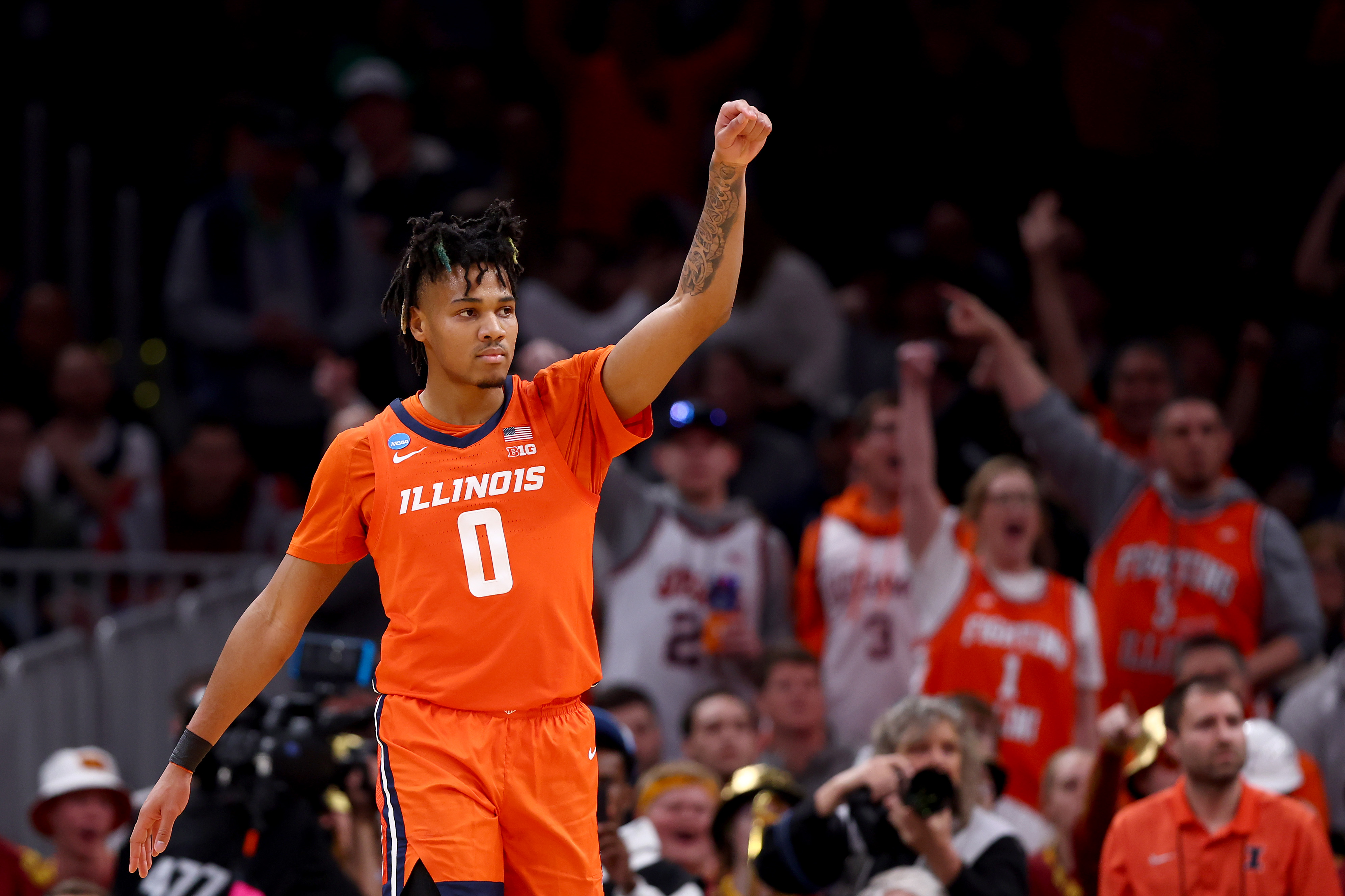 BOSTON, MASSACHUSETTS - MARCH 28: Terrence Shannon Jr. #0 of the Illinois Fighting Illini celebrates a basket against the Iowa State Cyclones during the first half in the Sweet 16 round of the NCAA Men's Basketball Tournament at TD Garden on March 28, 2024 in Boston, Massachusetts. (Photo by Maddie Meyer/Getty Images)