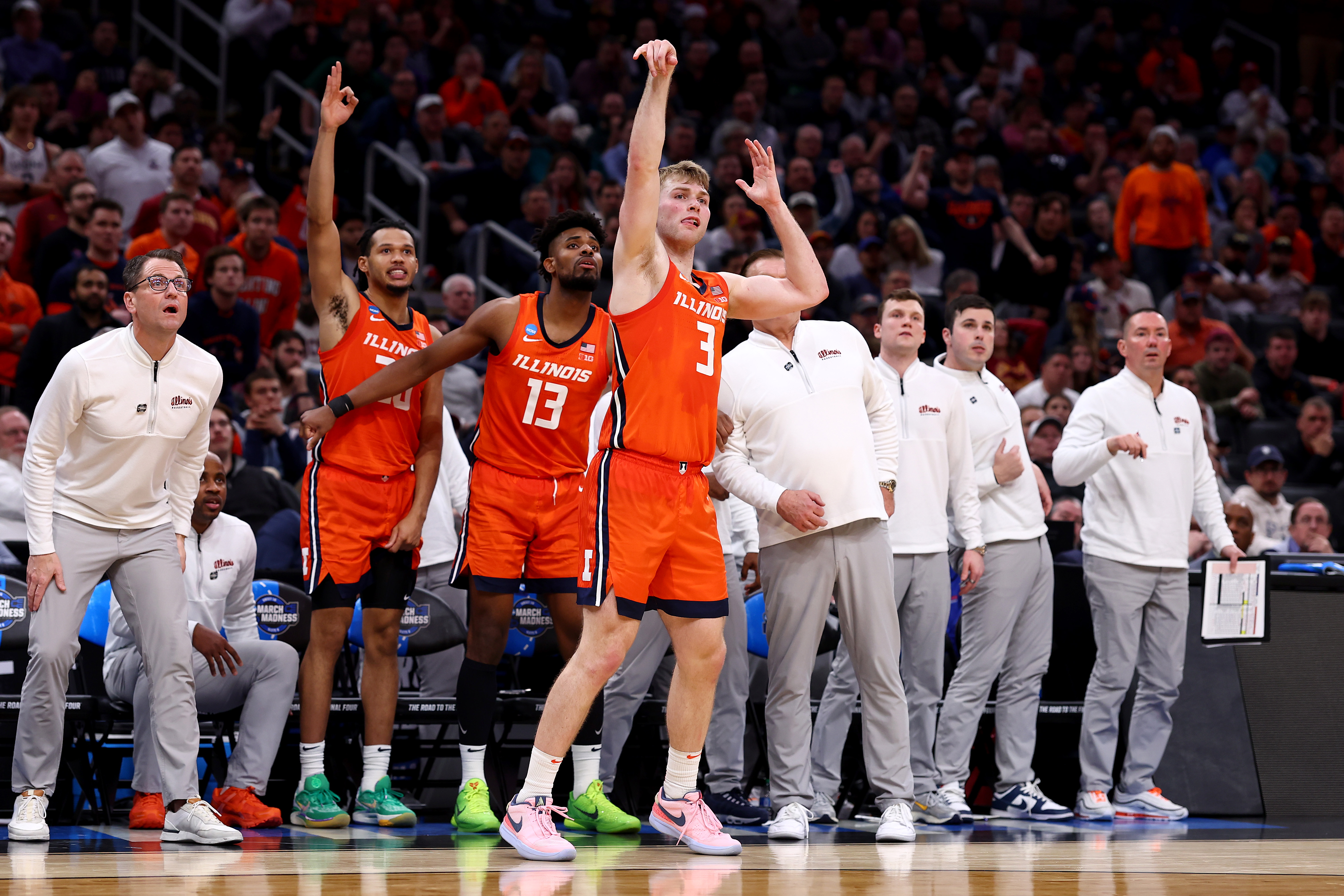 Illinois guard Marcus Domask shoots a 3-pointer against Iowa State during the second half in the Sweet 16 of the NCAA Tournament on March 28, 2024, in Boston. (Maddie Meyer/Getty)