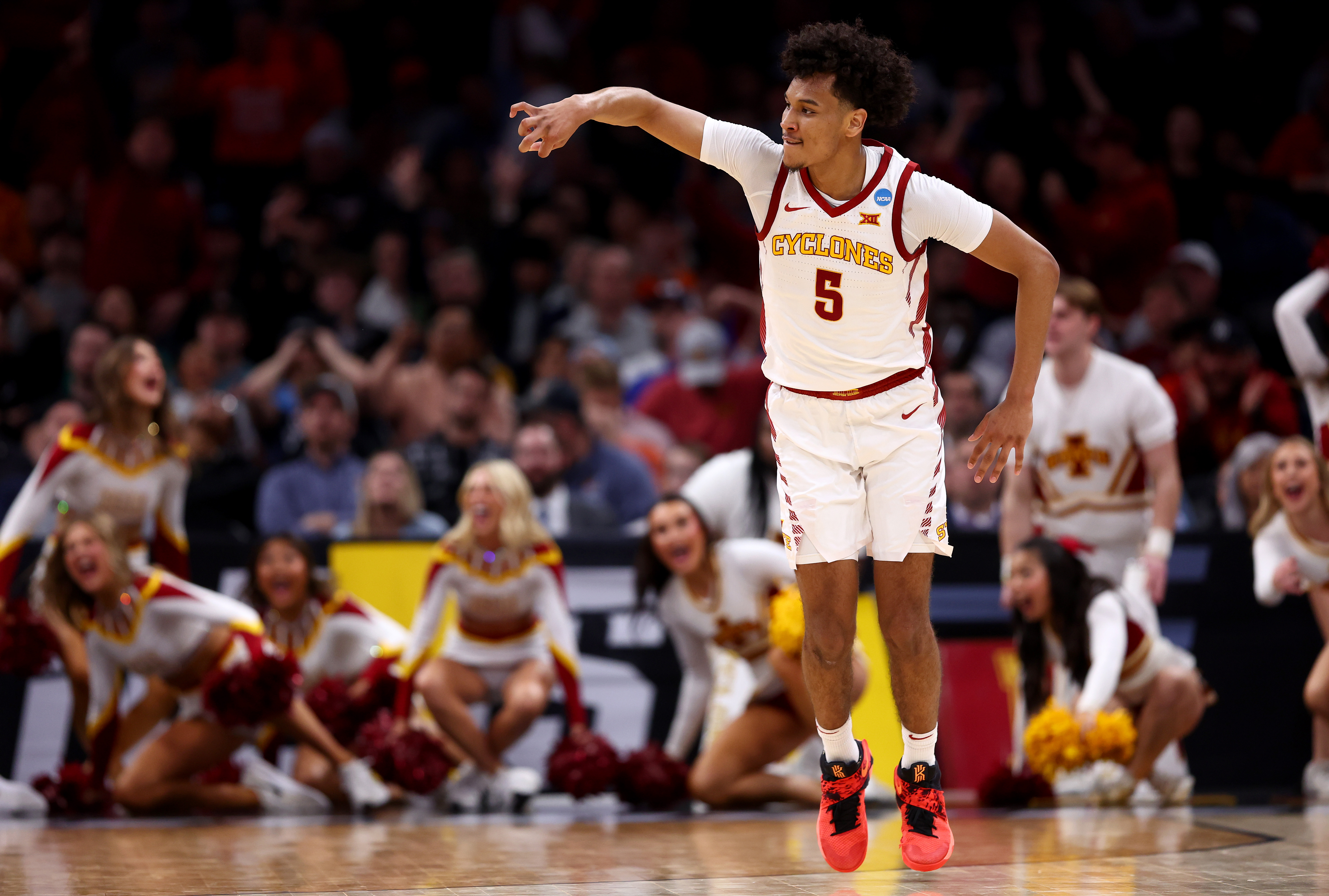 BOSTON, MASSACHUSETTS - MARCH 28: Curtis Jones #5 of the Iowa State Cyclones celebrates against the Illinois Fighting Illini during the second half in the Sweet 16 round of the NCAA Men's Basketball Tournament at TD Garden on March 28, 2024 in Boston, Massachusetts. (Photo by Maddie Meyer/Getty Images)