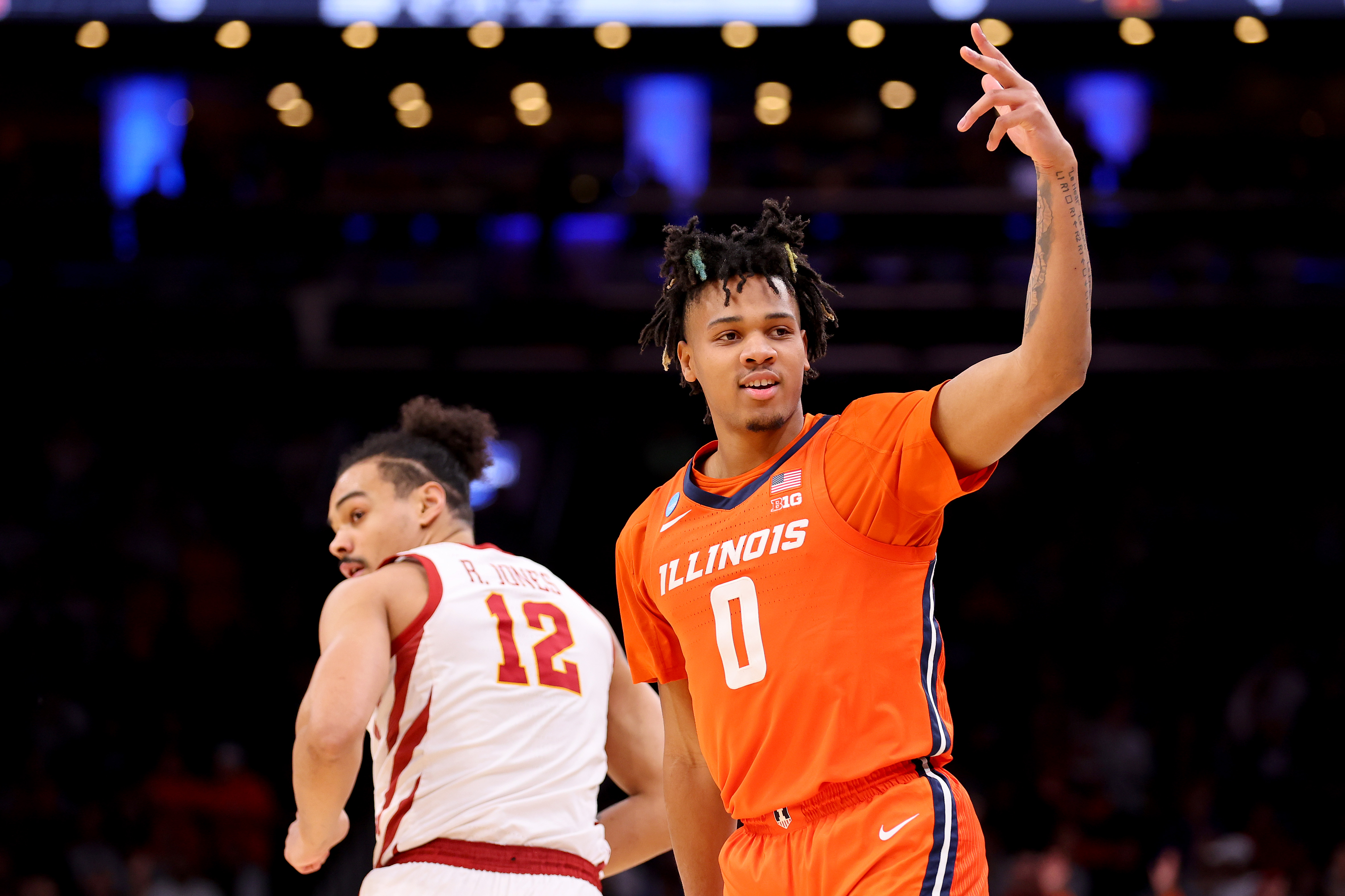 BOSTON, MASSACHUSETTS - MARCH 28: Terrence Shannon Jr. #0 of the Illinois Fighting Illini celebrates a basket against the Iowa State Cyclones during the first half in the Sweet 16 round of the NCAA Men's Basketball Tournament at TD Garden on March 28, 2024 in Boston, Massachusetts. (Photo by Michael Reaves/Getty Images)