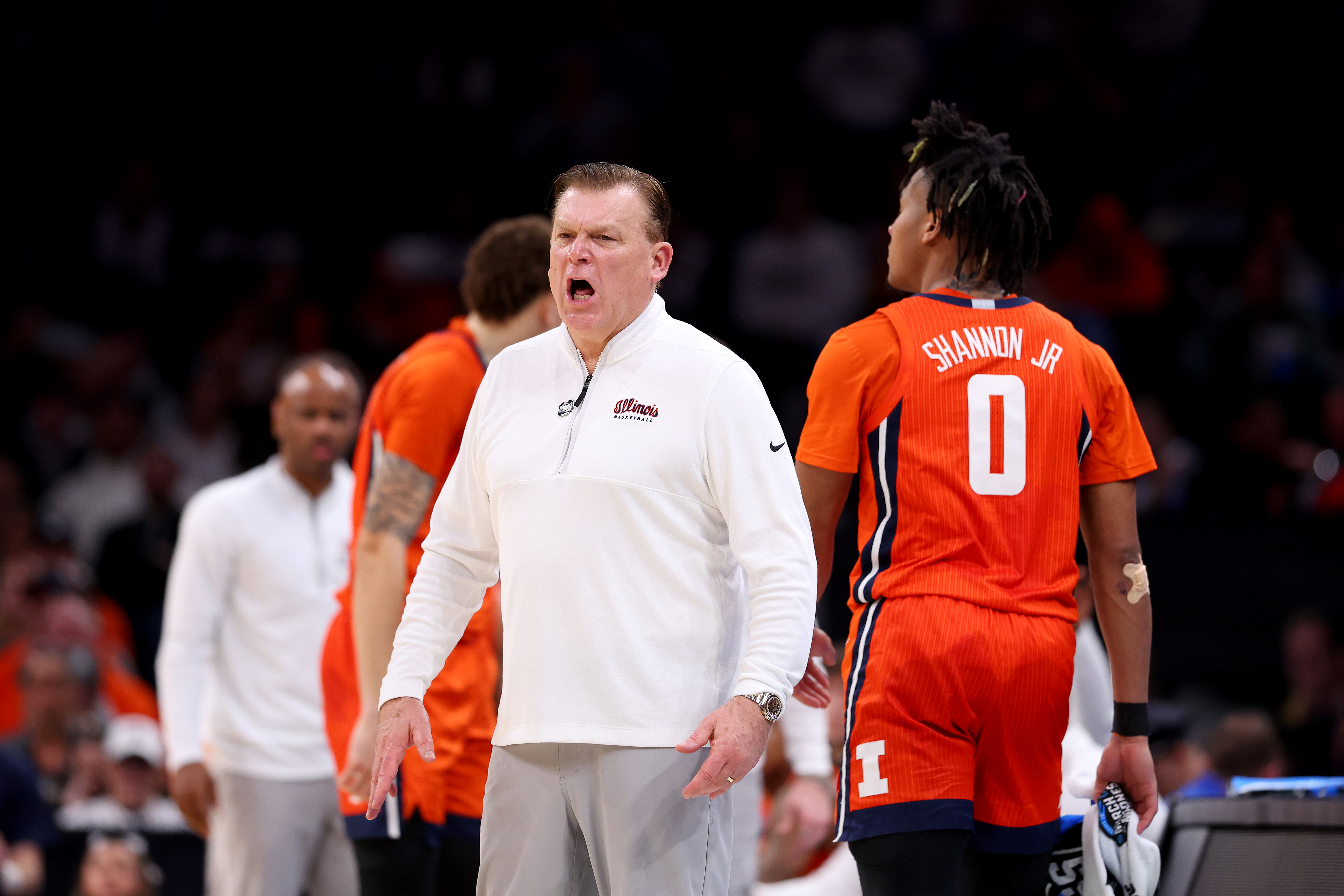 BOSTON, MASSACHUSETTS - MARCH 28: Head coach Brad Underwood of the Illinois Fighting Illini reacts against the Iowa State Cyclones during the second half in the Sweet 16 round of the NCAA Men's Basketball Tournament at TD Garden on March 28, 2024 in Boston, Massachusetts. (Photo by Michael Reaves/Getty Images)