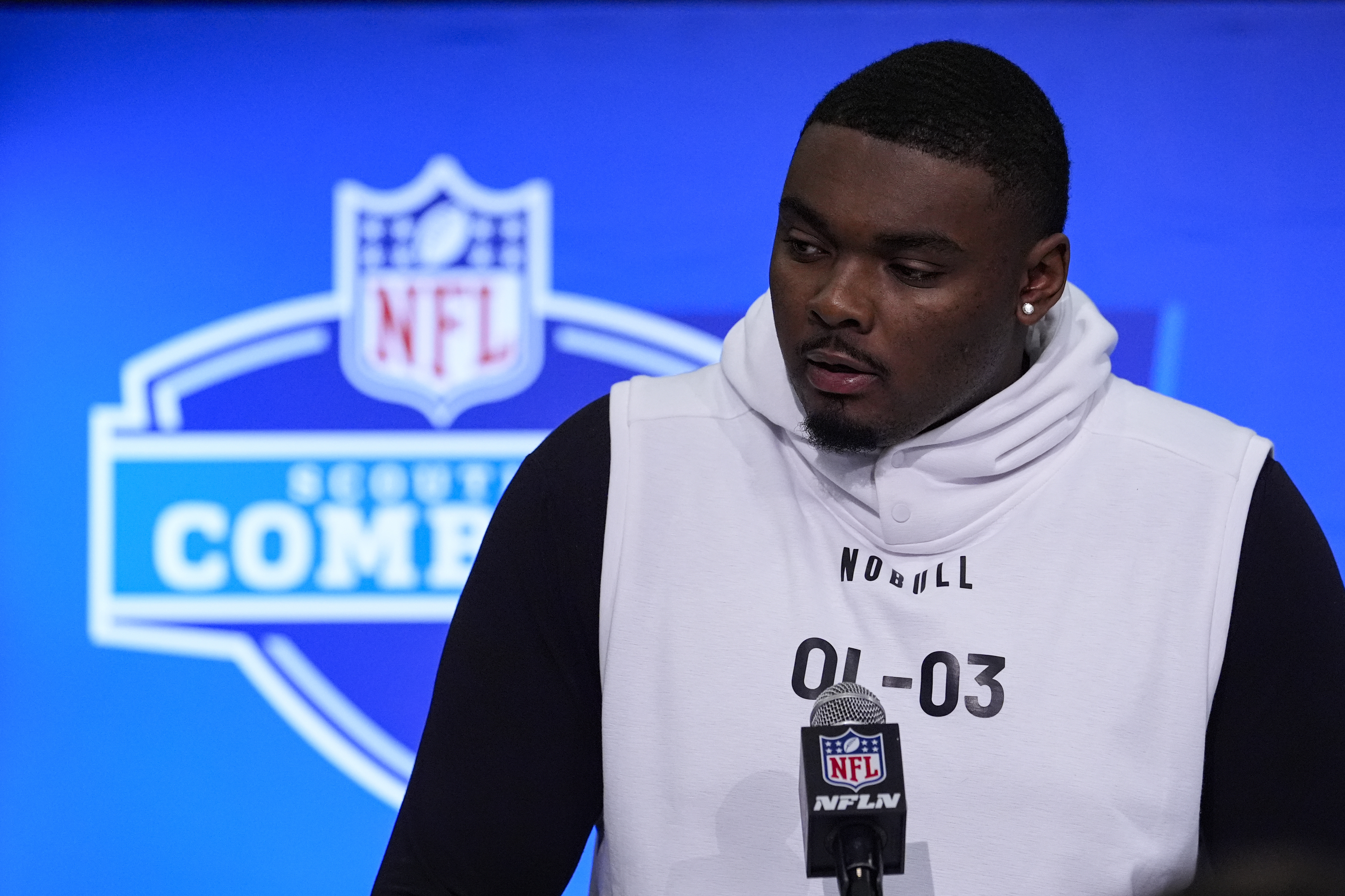 Yale offensive lineman Kiran Amegadjie speaks at the NFL combine in Indianapolis on March 2, 2024. (AP Photo/Michael Conroy)