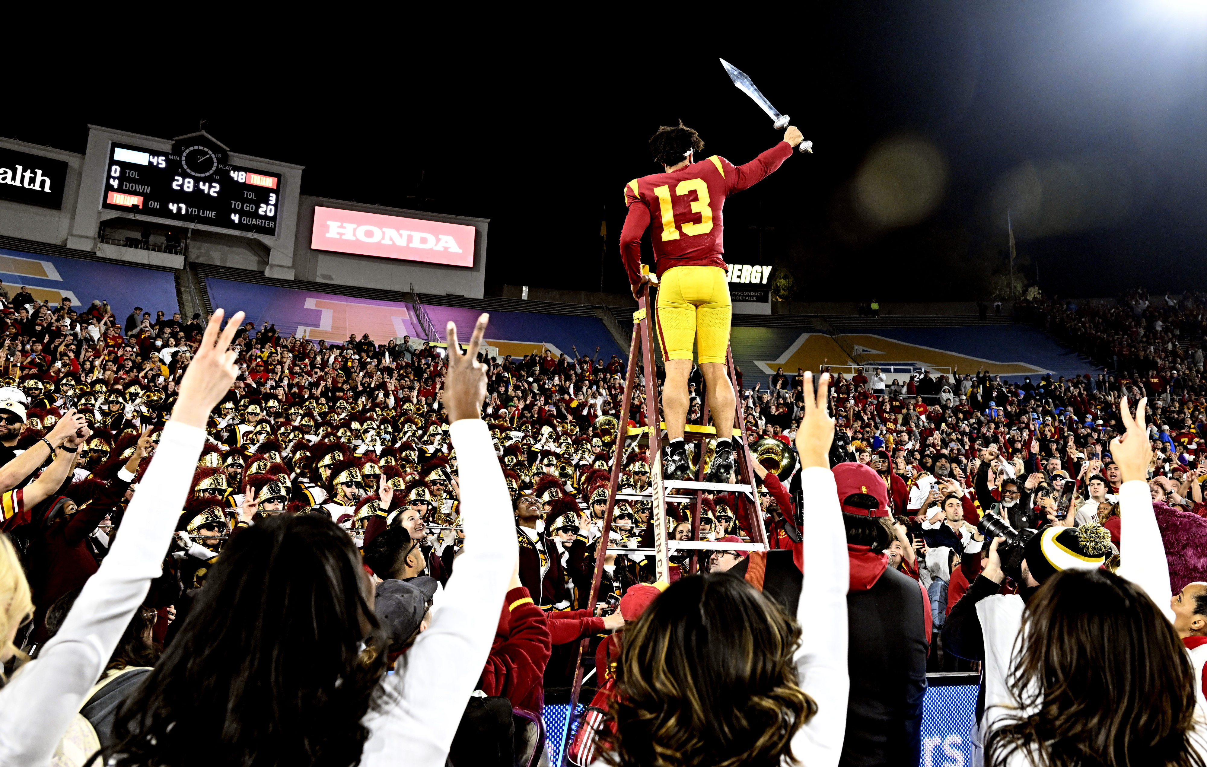 Quarterback Caleb Williams celebrates after a USC win over UCLA...