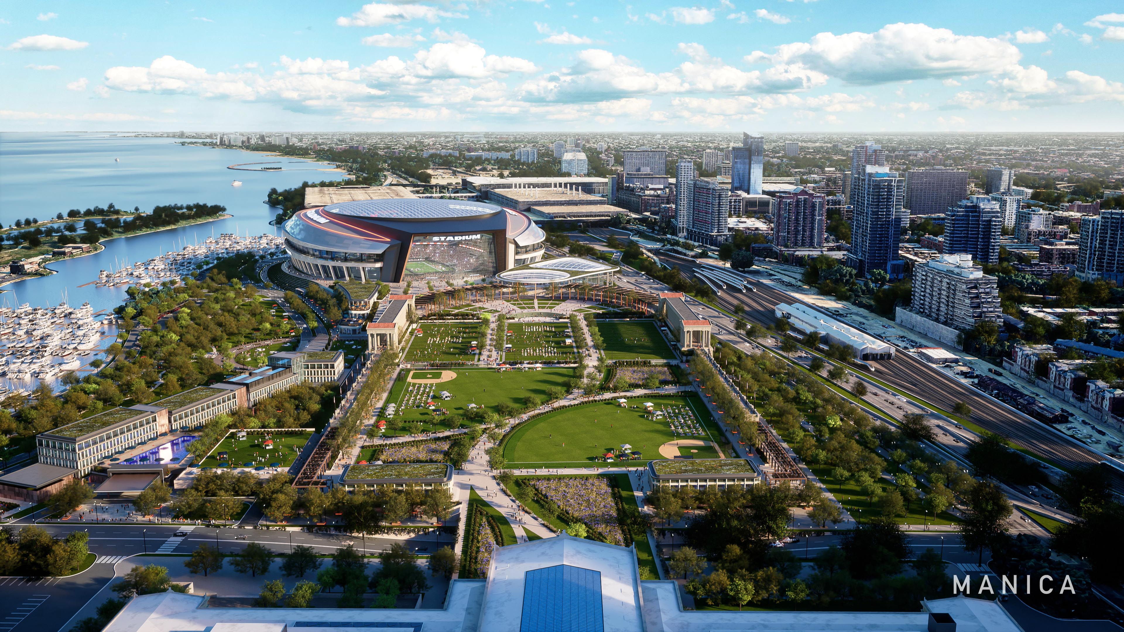 Renderings of a new state-of-the-art enclosed stadium with open space access to the lakefront were released by the Chicago Bears on April 24, 2024. (Manica)