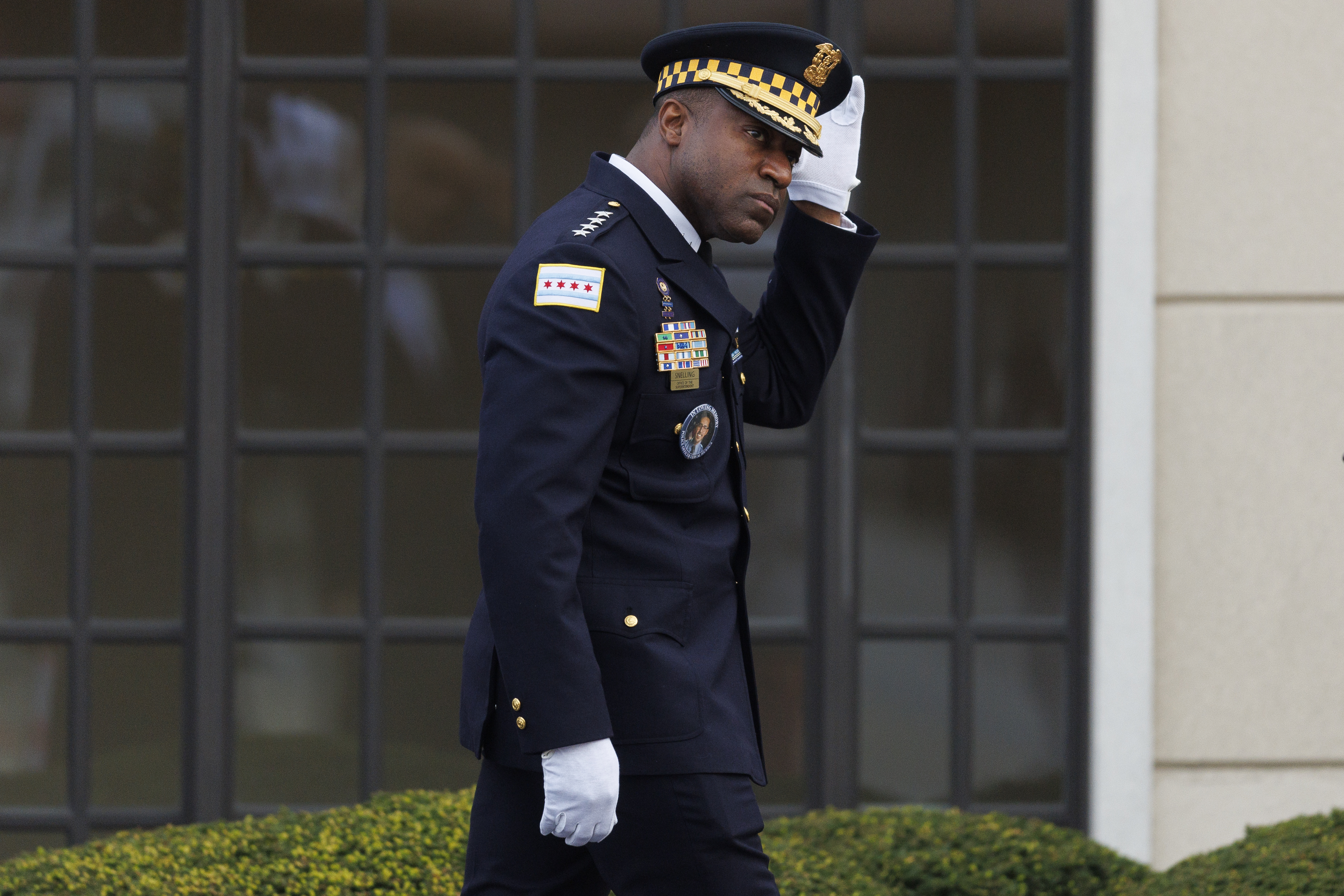 Chicago police Superintendent Larry Snelling attends a visitation for Chicago police Officer Luis M. Huesca at Blake-Lamb Funeral Home, April 28, 2024, in Oak Lawn. Huesca was returning home early Sunday after a shift in the Calumet District (5th) when he was fatally shot. (Armando L. Sanchez/Chicago Tribune)