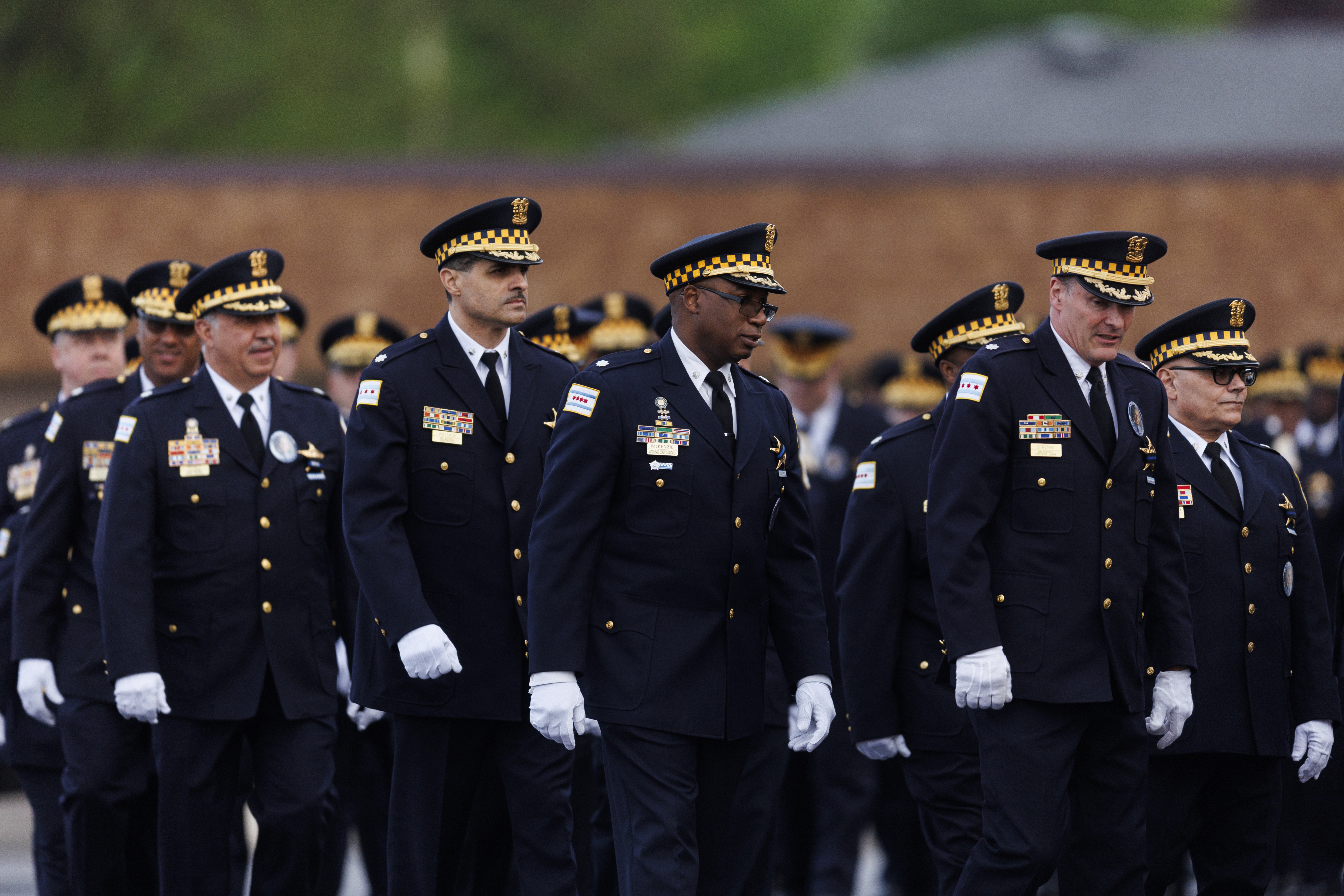 Officers attend a visitation for Chicago police Officer Luis M. Huesca at Blake-Lamb Funeral Home Sunday, April 28, 2024, in Oak Lawn. (Armando L. Sanchez/Chicago Tribune)