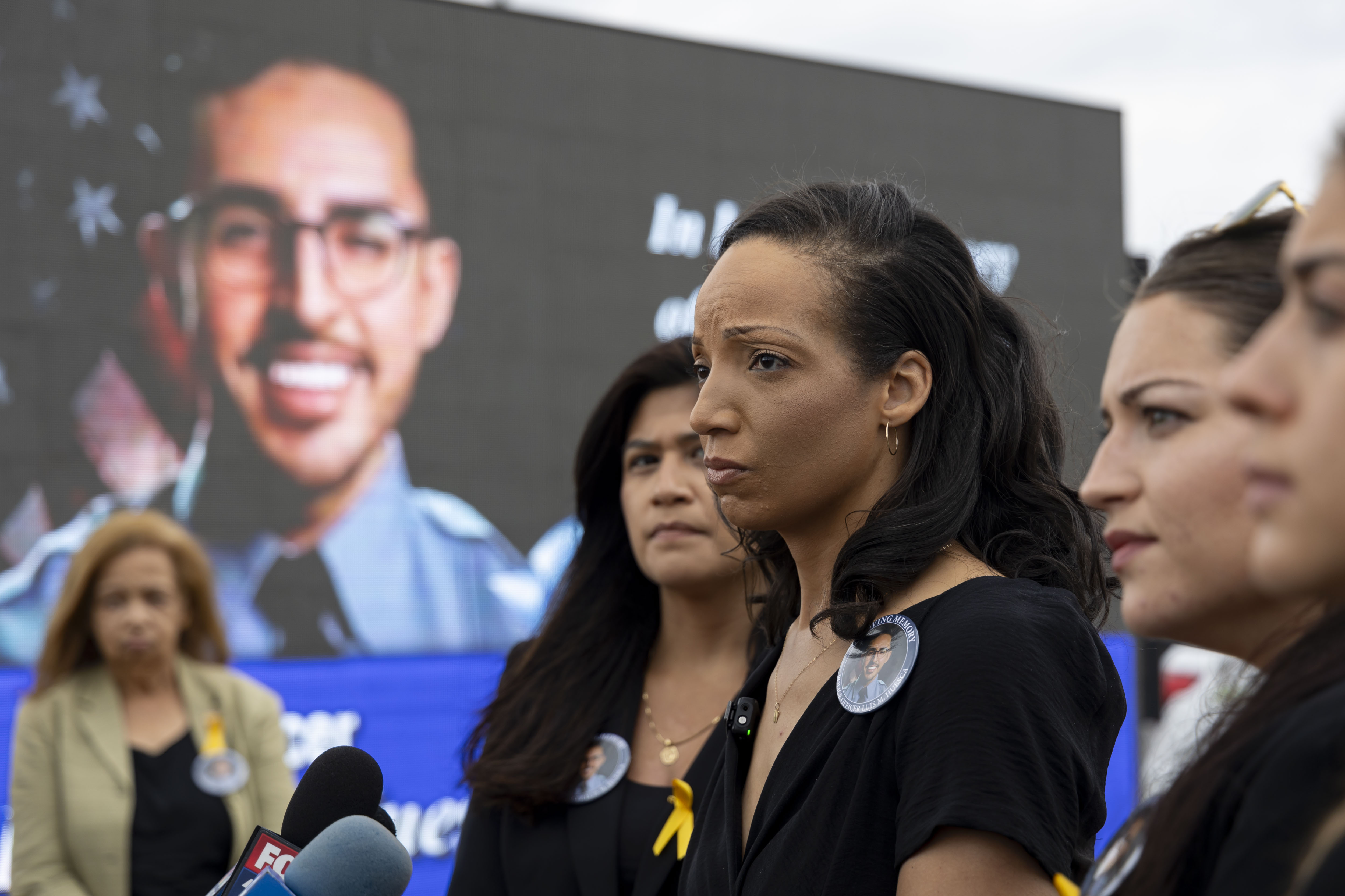 Sandra Wortham, sister of slain Chicago police Officer Thomas Wortham IV, speaks alongside other Gold Star family members during the visitation for Chicago police Officer Luis M. Huesca on April 28, 2024, at Blake and Lamb Funeral Home in Oak Lawn. (Brian Cassella/Chicago Tribune)