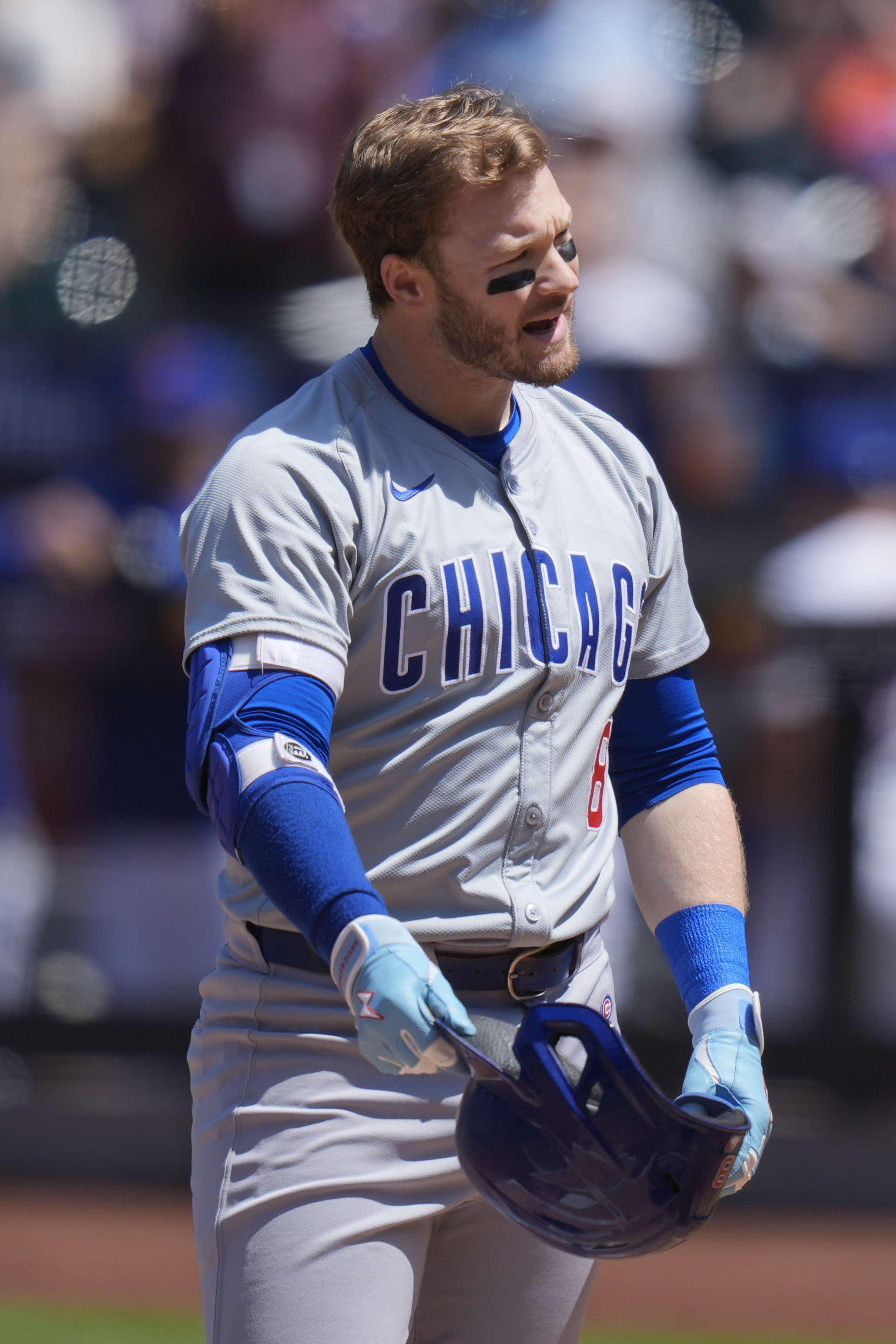 The Cubs' Ian Happ reacts after striking out during the first inning against the Mets on Thursday, May 2, 2024, in New York. (AP Photo/Seth Wenig)