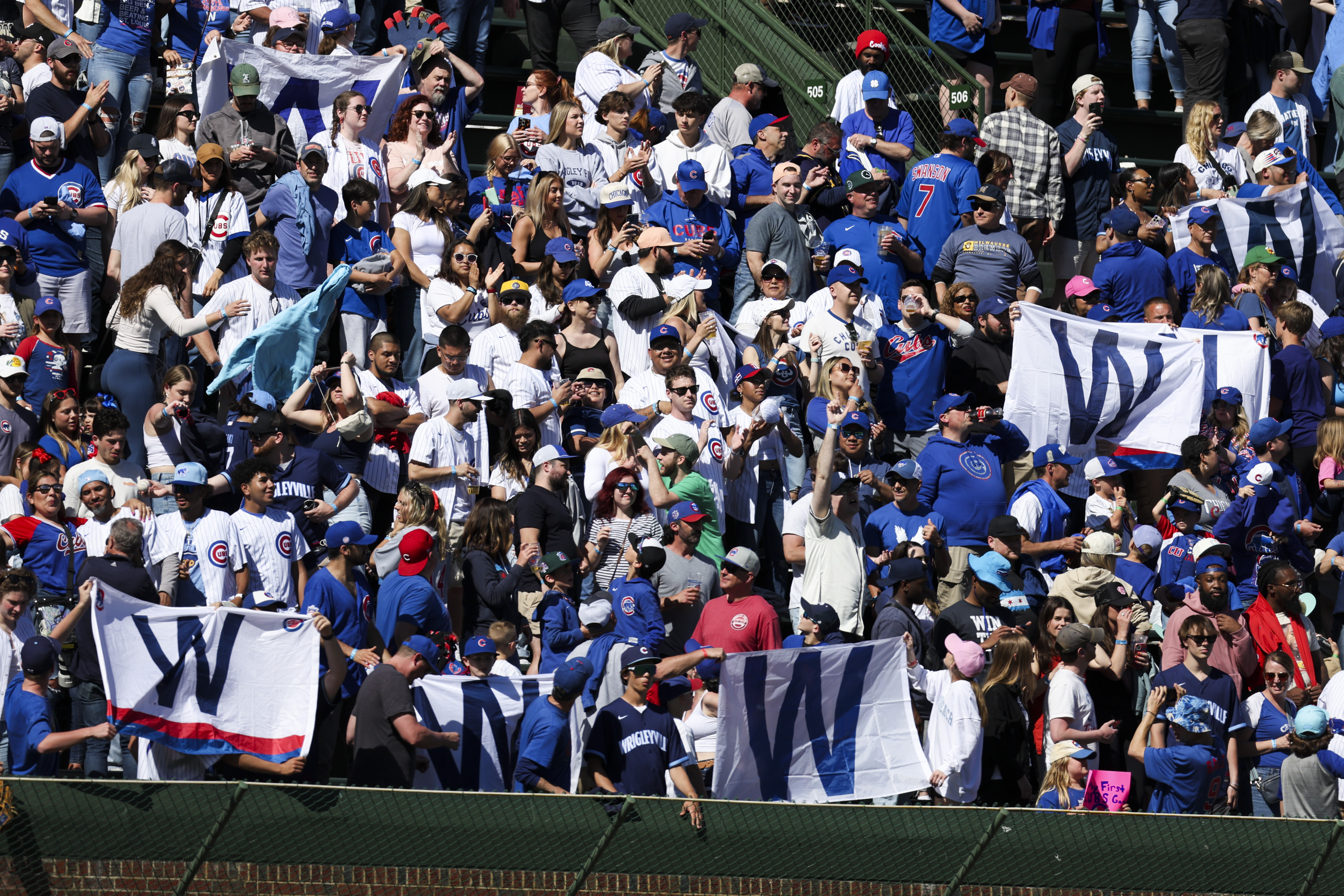 Chicago Cubs fans celebrate after the Chicago Cubs beat the Milwaukee Brewers at Wrigley Field on May 5, 2024. (Eileen T. Meslar/Chicago Tribune)