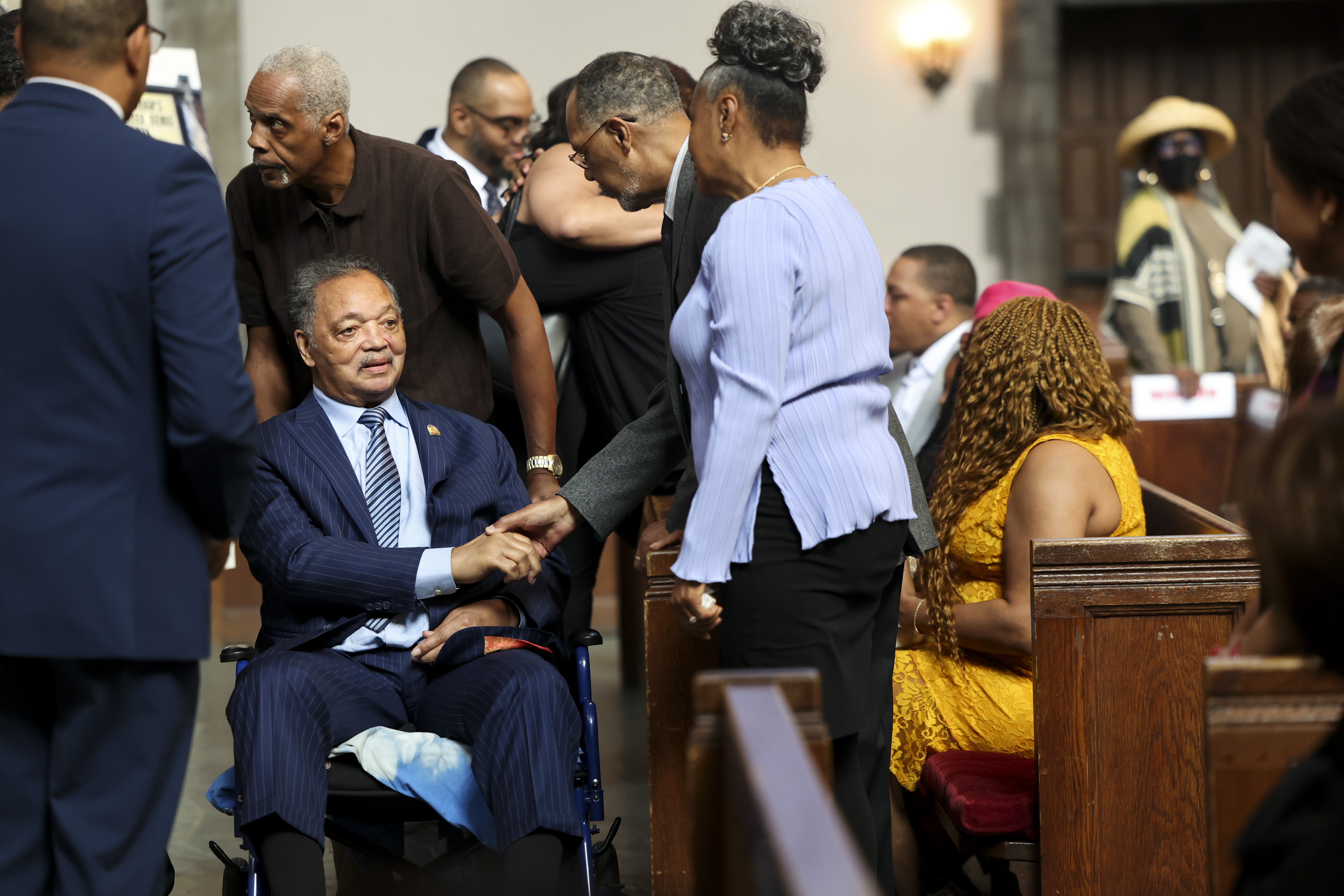 The Rev. Jesse Jackson Sr. shakes hands with Henderson Yarbrough before the funeral for his wife Cook County Clerk Karen A. Yarbrough at Rockefeller Chapel at University of Chicago on April 14, 2024. (Eileen T. Meslar/Chicago Tribune)