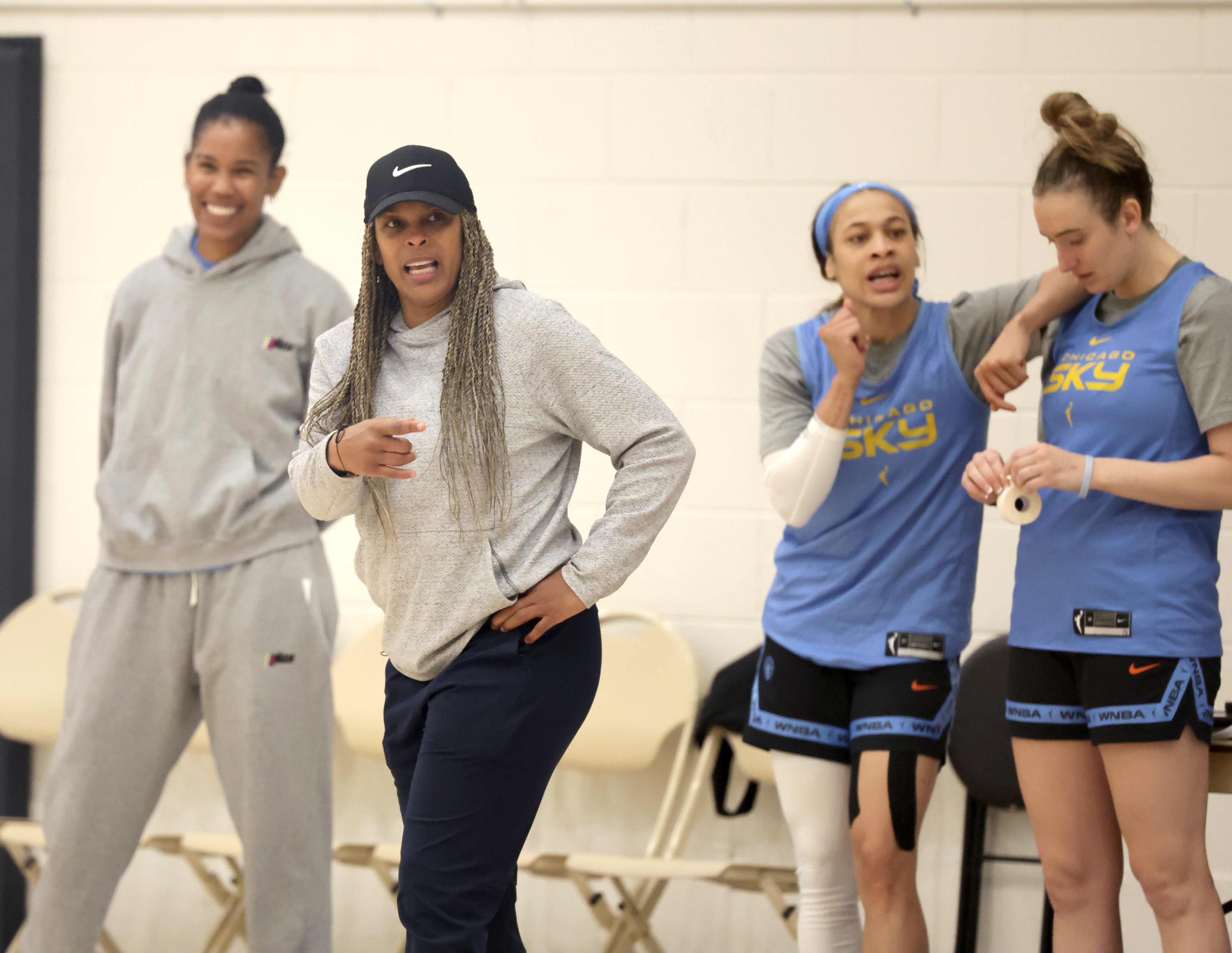 Head coach Teresa Weatherspoon, second from left, during Chicago Sky training camp at the Sachs Recreation Center on May 1, 2024, in Deerfield. (Stacey Wescott/Chicago Tribune)