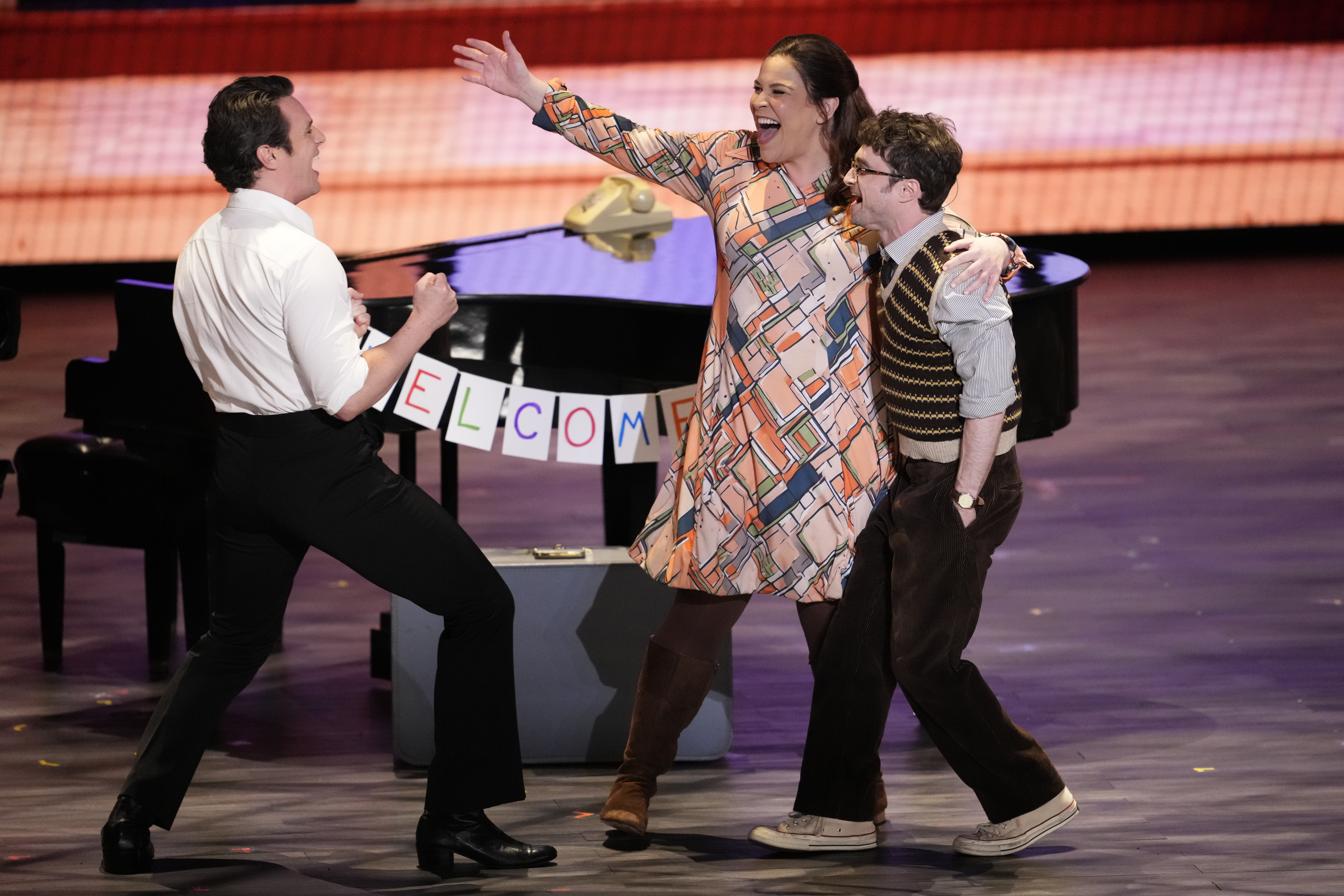 Jonathan Groff, from left, Lindsay Mendez, and Daniel Radcliffe perform...