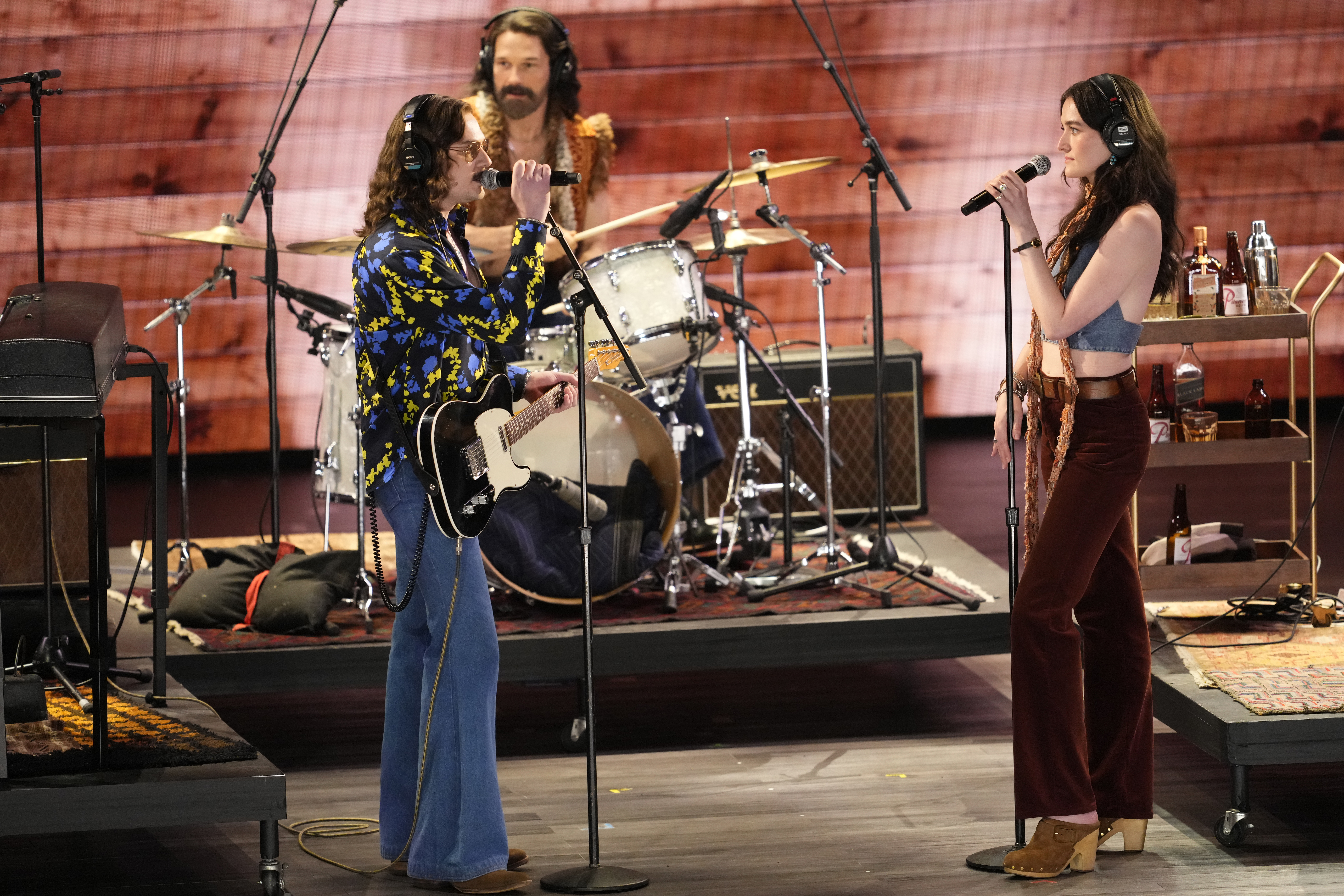 The members of the company of "Stereophonic" perform during the...