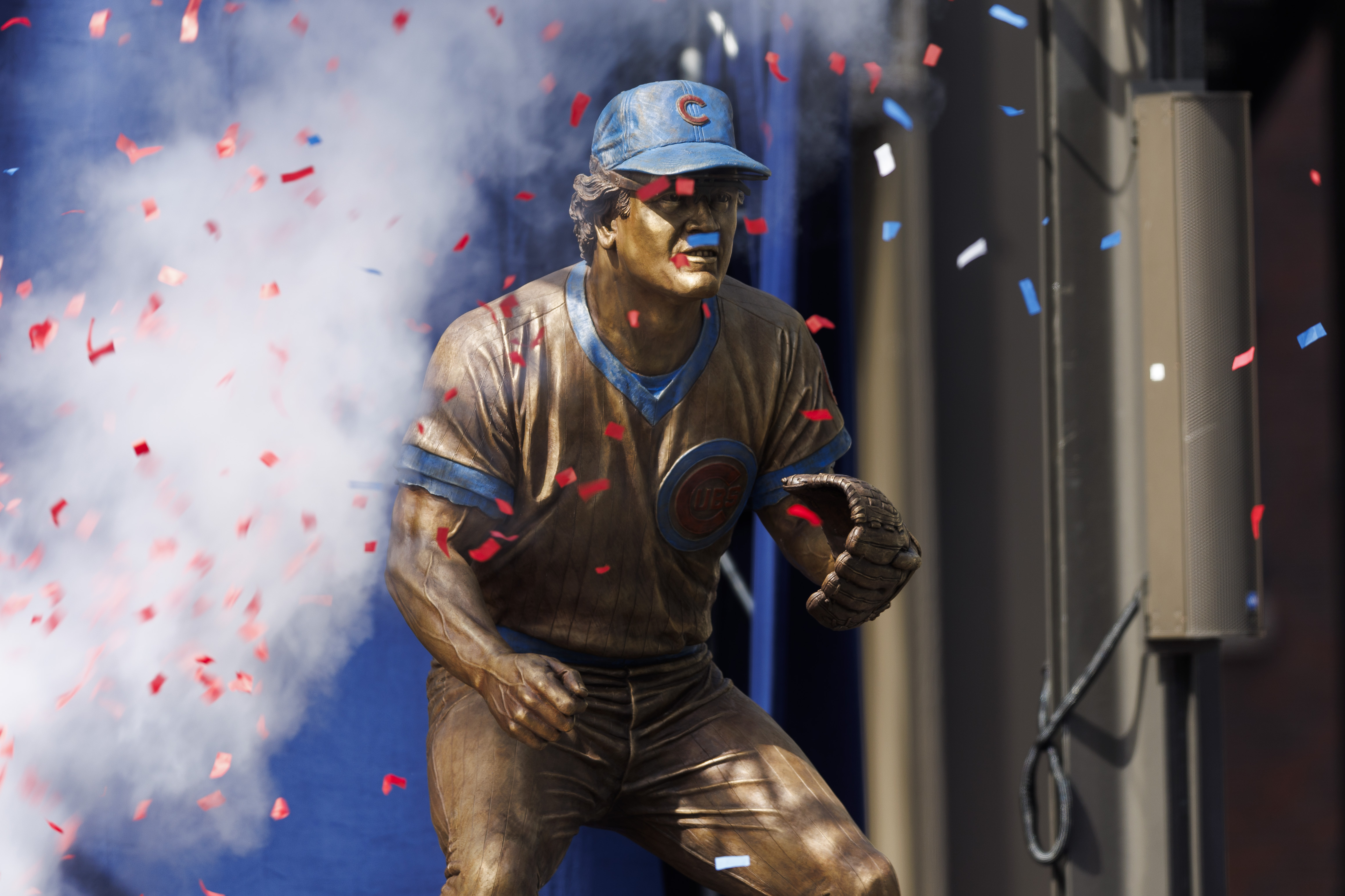 A statue of former Cubs player Ryne Sandberg sits in Gallagher Way during a dedication ceremony outside Wrigley Field Sunday June 23, 2024 in Chicago. (Armando L. Sanchez/Chicago Tribune)