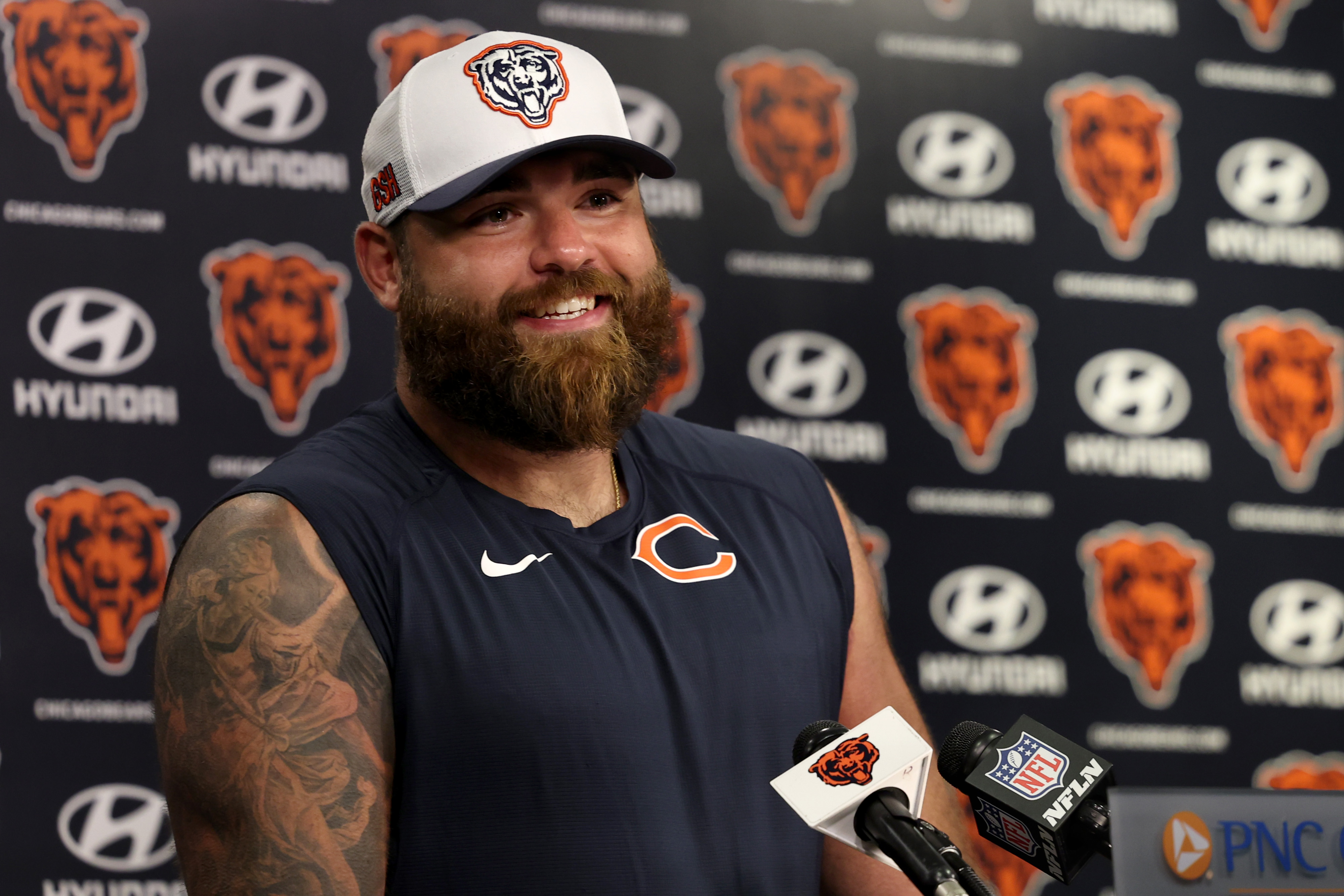 Bears center Ryan Bates speaks with the media after practice in the PNC Center at Halas Hall on July 26, 2024, in Lake Forest. (Stacey Wescott/Chicago Tribune)