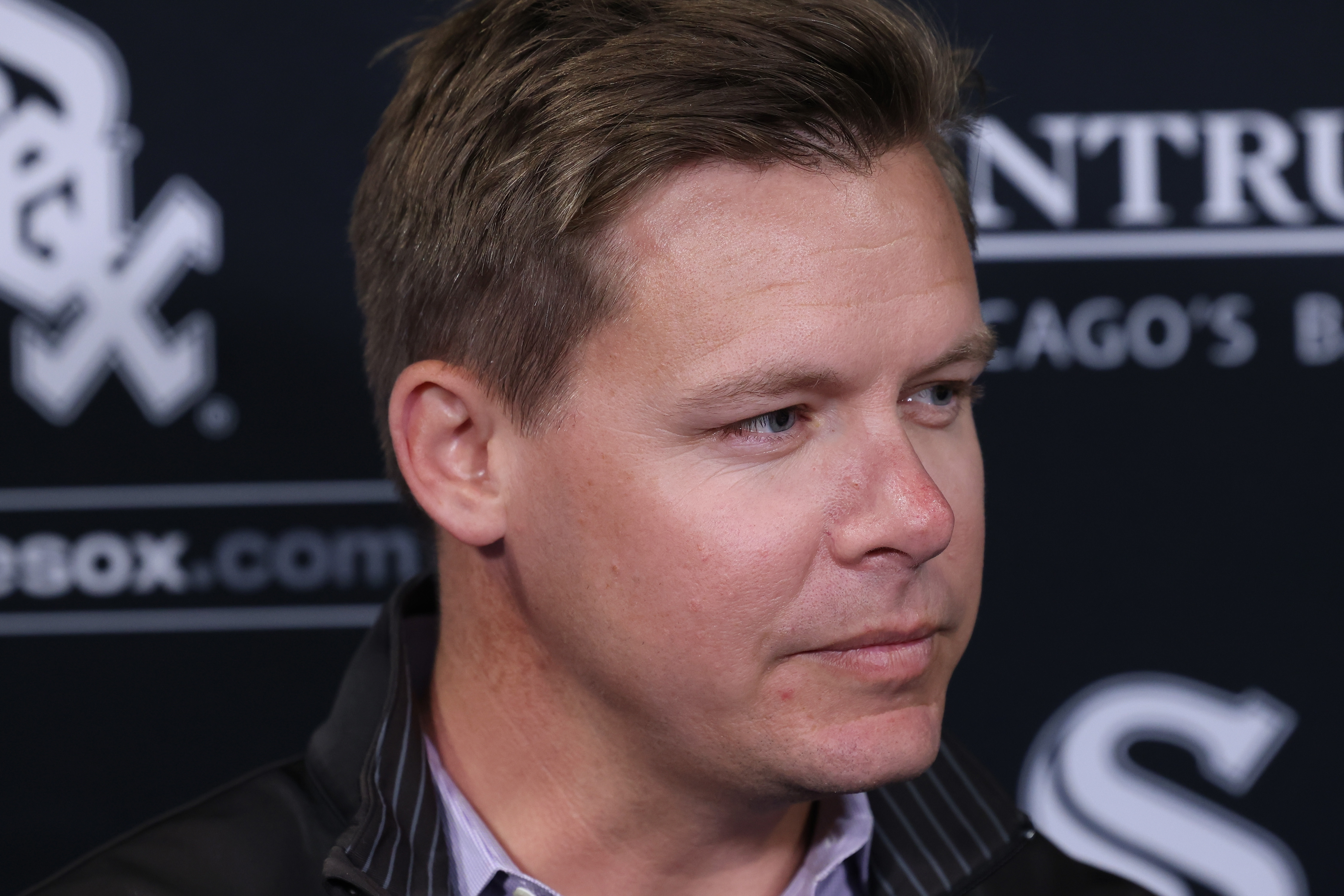 White Sox general manager Chris Getz talks with reporters before a team workout at Guaranteed Rate Field on March 27, 2024. (John J. Kim/Chicago Tribune)