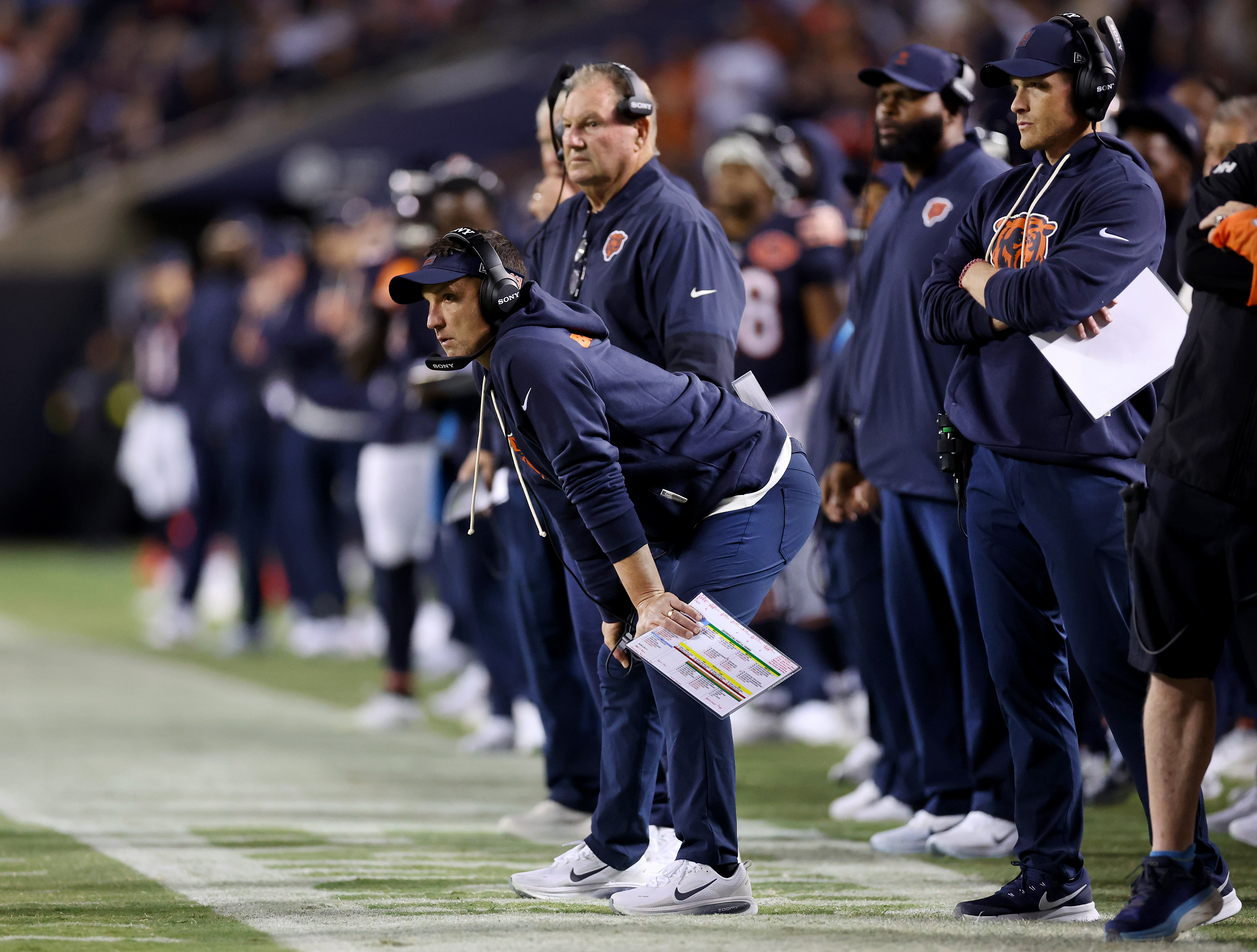 Chicago Bears defensive coordinator Dennis Allen looks on beside head coach Ben Johnson (right) in the fourth quarter of a game against the Minnesota Vikings at Soldier Field in Chicago on Sept. 8, 2025. (Chris Sweda/Chicago Tribune)