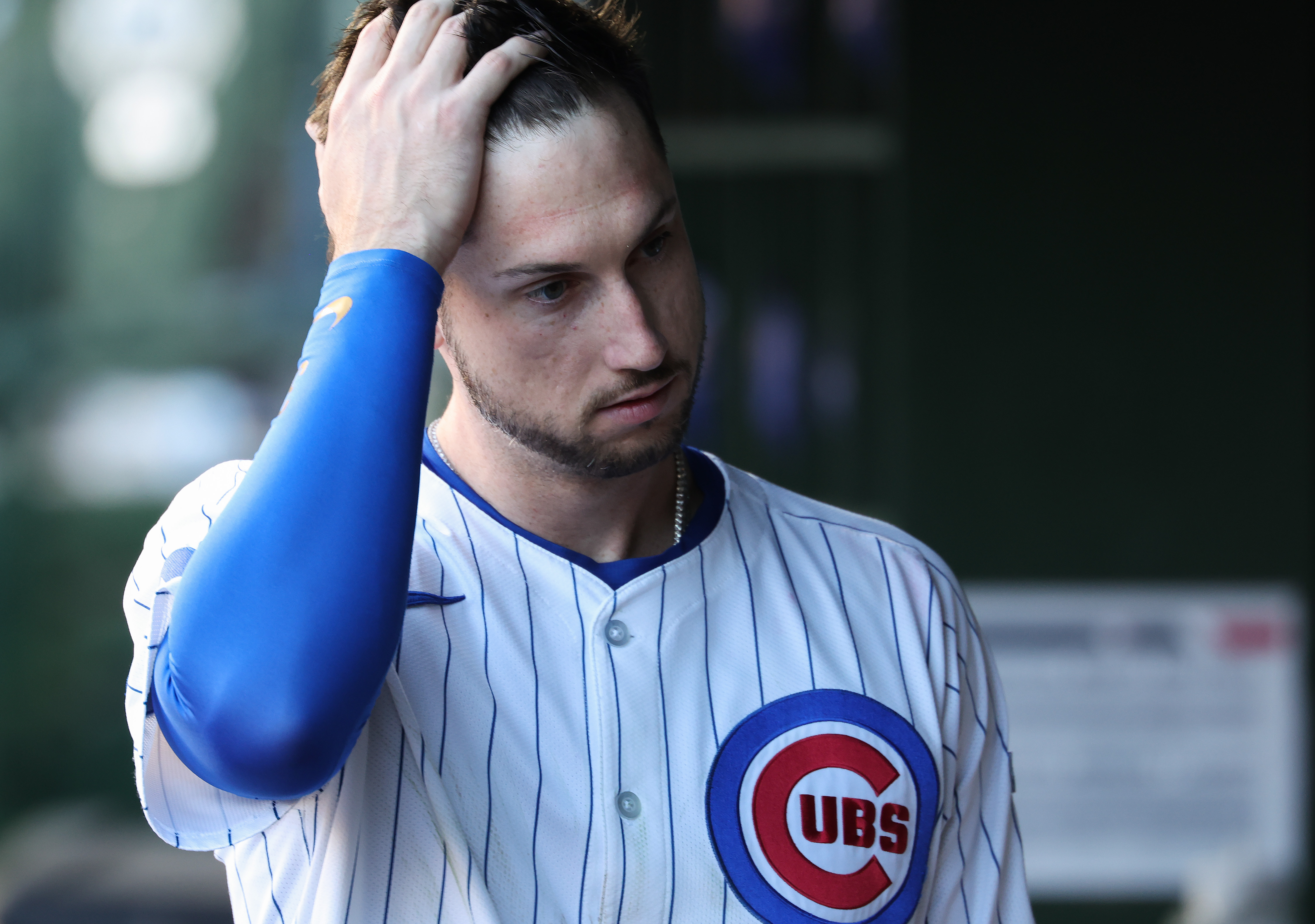 Cubs right fielder Kyle Tucker walks through the dugout after flying out in the fifth inning against the Braves at Wrigley Field on Sept. 1, 2025, in Chicago. (John J. Kim/Chicago Tribune)
