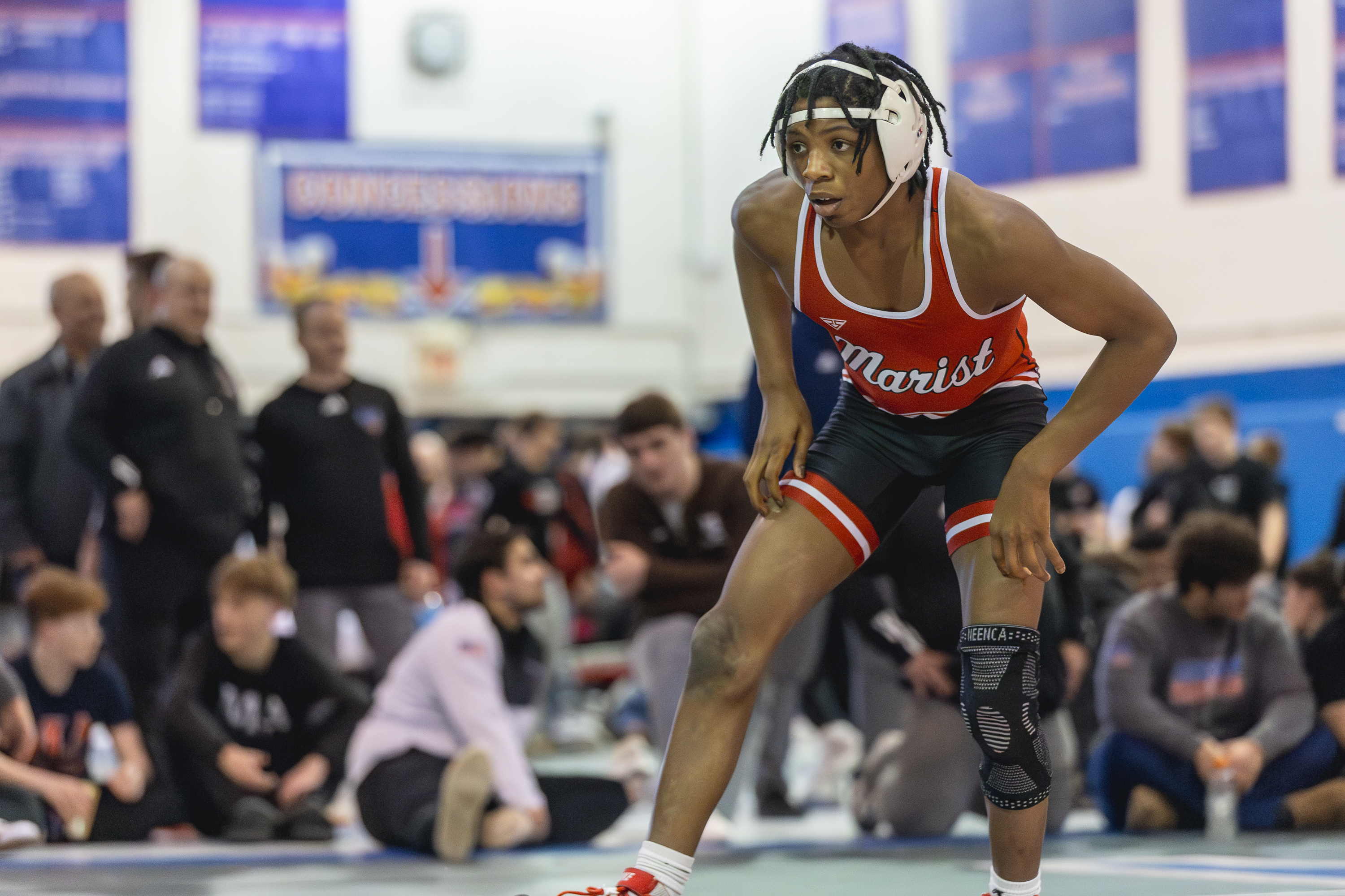 Marist's Te'Jon Beals wrestles against Montini's Mikey Malizzio during a 132 pound match in the Class 3A Marmion Dual Team sectional l in Aurora on Thursday, Feb. 4, 2026. (Troy Stolt for the Beacon News)