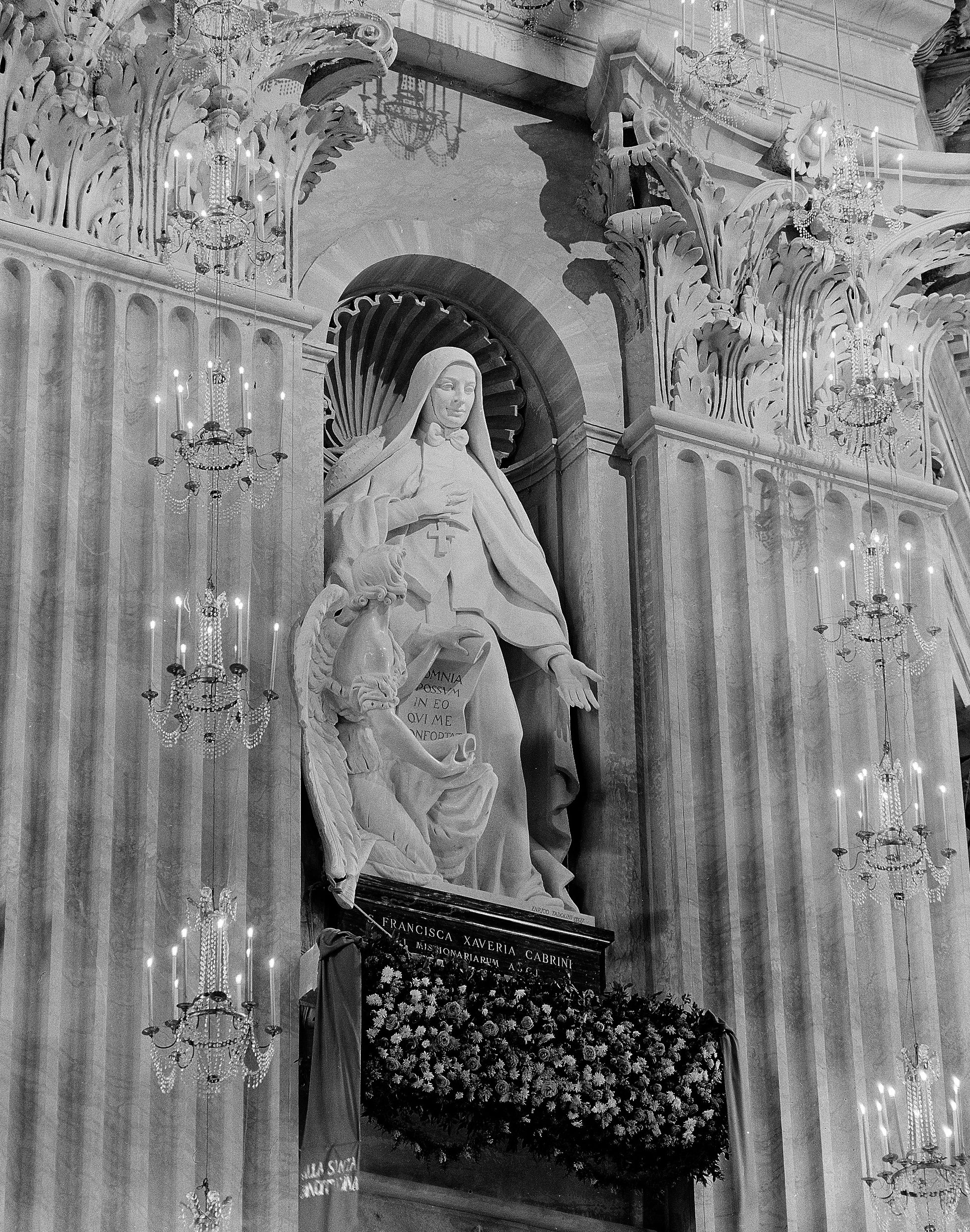 The statue of St. Frances Xavier Cabrini, the first American saint, is shown in its niche in St. Peter's Basilica in Rome after its unveiling, Dec. 8, 1947. (AP Photo)